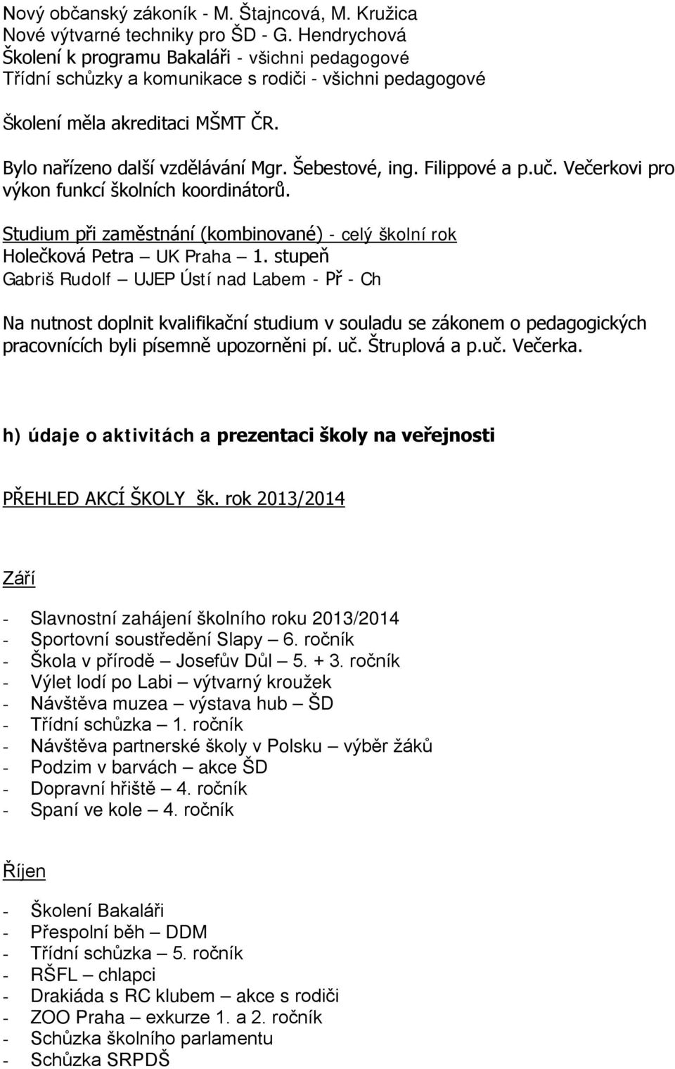 Šebestové, ing. Filippové a p.uč. Večerkovi pro výkon funkcí školních koordinátorů. Studium při zaměstnání (kombinované) - celý školní rok Holečková Petra UK Praha 1.