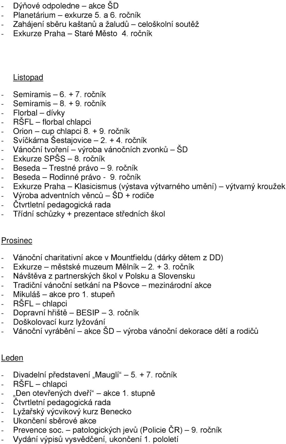 ročník - Vánoční tvoření výroba vánočních zvonků ŠD - Exkurze SPŠS 8. ročník - Beseda Trestné právo 9. ročník - Beseda Rodinné právo - 9.