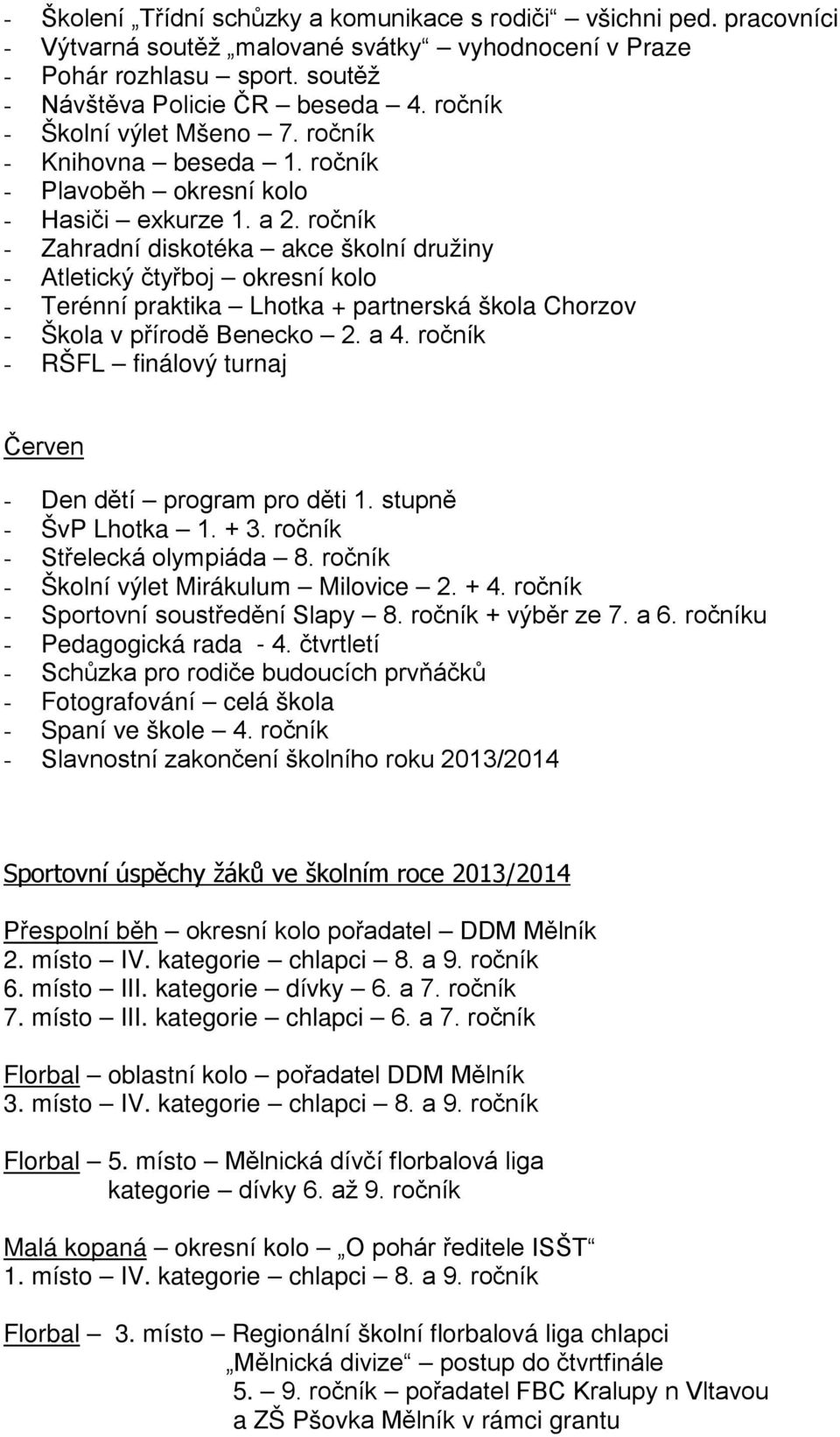 ročník - Zahradní diskotéka akce školní družiny - Atletický čtyřboj okresní kolo - Terénní praktika Lhotka + partnerská škola Chorzov - Škola v přírodě Benecko 2. a 4.