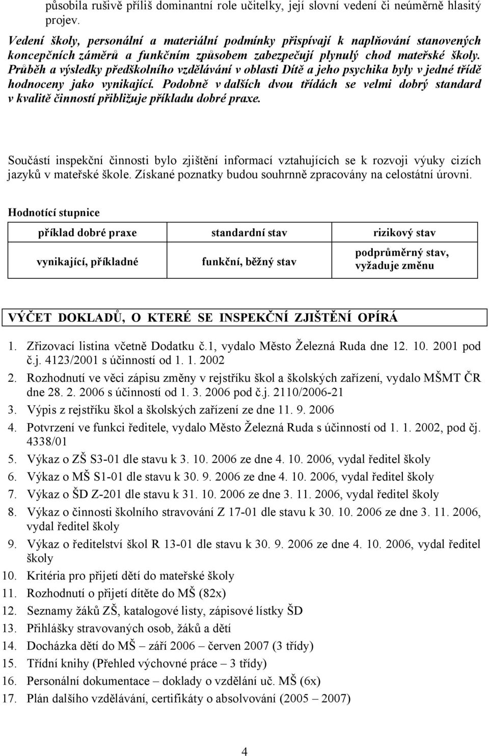 Průběh a výsledky předškolního vzdělávání v oblasti Dítě a jeho psychika byly v jedné třídě hodnoceny jako vynikající.