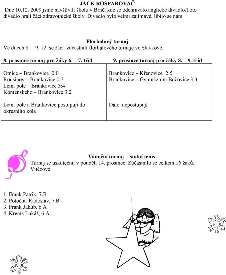 12. se žáci zúčastnili florbalového turnaje ve Slavkově. 8. prosince turnaj pro žáky 6. 7. tříd 9.