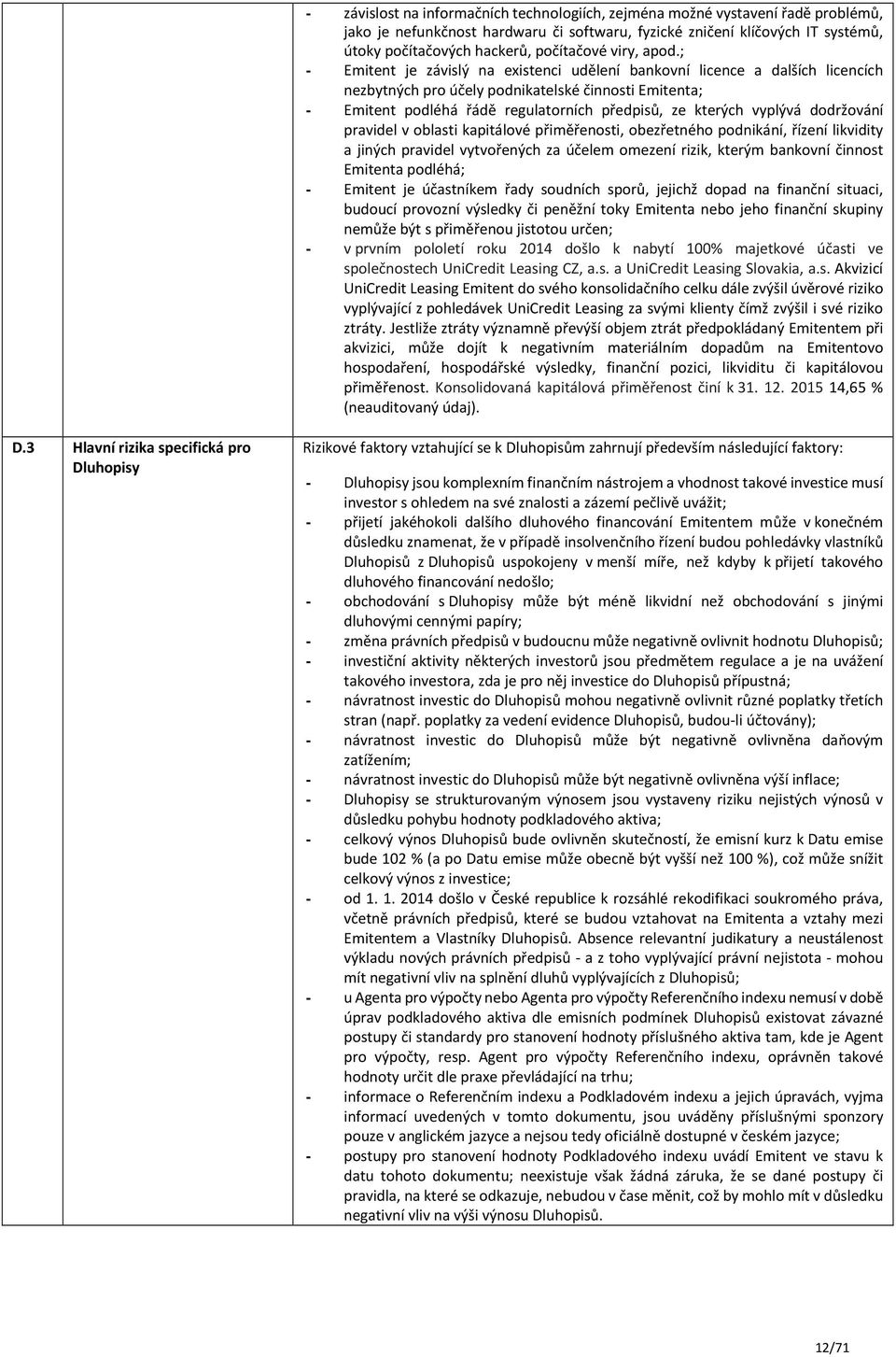 ; - Emitent je závislý na existenci udělení bankovní licence a dalších licencích nezbytných pro účely podnikatelské činnosti Emitenta; - Emitent podléhá řádě regulatorních předpisů, ze kterých