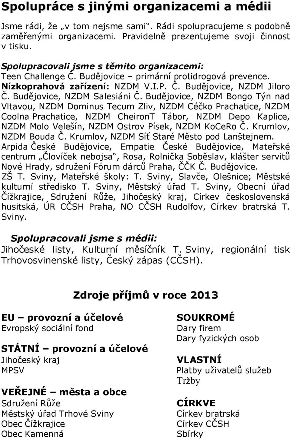 Budějovice, NZDM Bongo Týn nad Vltavou, NZDM Dominus Tecum Zliv, NZDM Céčko Prachatice, NZDM Coolna Prachatice, NZDM CheironT Tábor, NZDM Depo Kaplice, NZDM Molo Velešín, NZDM Ostrov Písek, NZDM