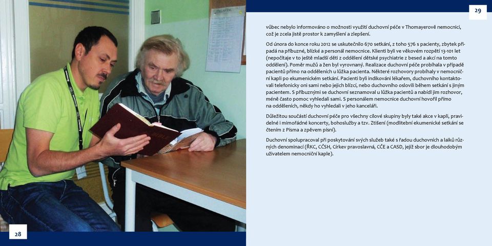 Klienti byli ve věkovém rozpětí 13-101 let (nepočítaje v to ještě mladší děti z oddělení dětské psychiatrie z besed a akcí na tomto oddělení). Poměr mužů a žen byl vyrovnaný.