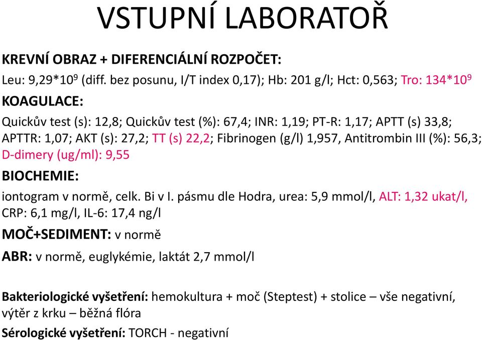 1,07; AKT (s): 27,2; TT (s) 22,2; Fibrinogen (g/l) 1,957, Antitrombin III (%): 56,3; D-dimery (ug/ml): 9,55 BIOCHEMIE: iontogram v normě, celk. Bi v I.