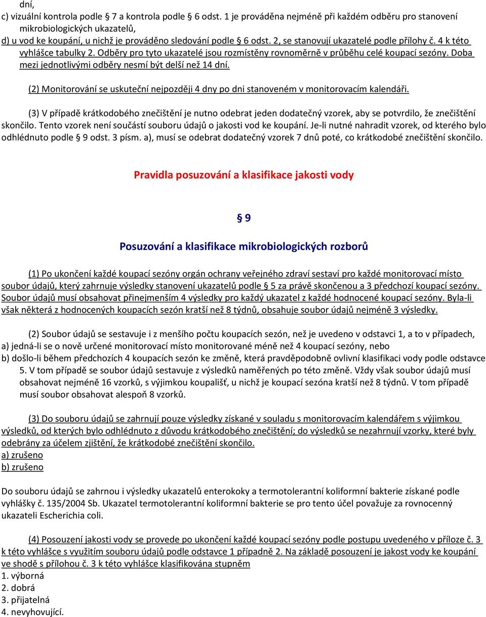 4 k této vyhlášce tabulky 2. Odběry pro tyto ukazatelé jsou rozmístěny rovnoměrně v průběhu celé koupací sezóny. Doba mezi jednotlivými odběry nesmí být delší než 14 dní.