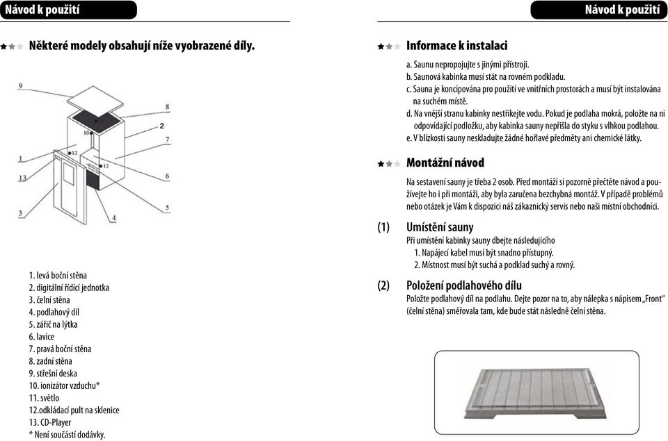 Pokud je podlaha mokrá, položte na ni odpovídající podložku, aby kabinka sauny nepřišla do styku s vlhkou podlahou. e. V blízkosti sauny neskladujte žádné hořlavé předměty ani chemické látky. 1.