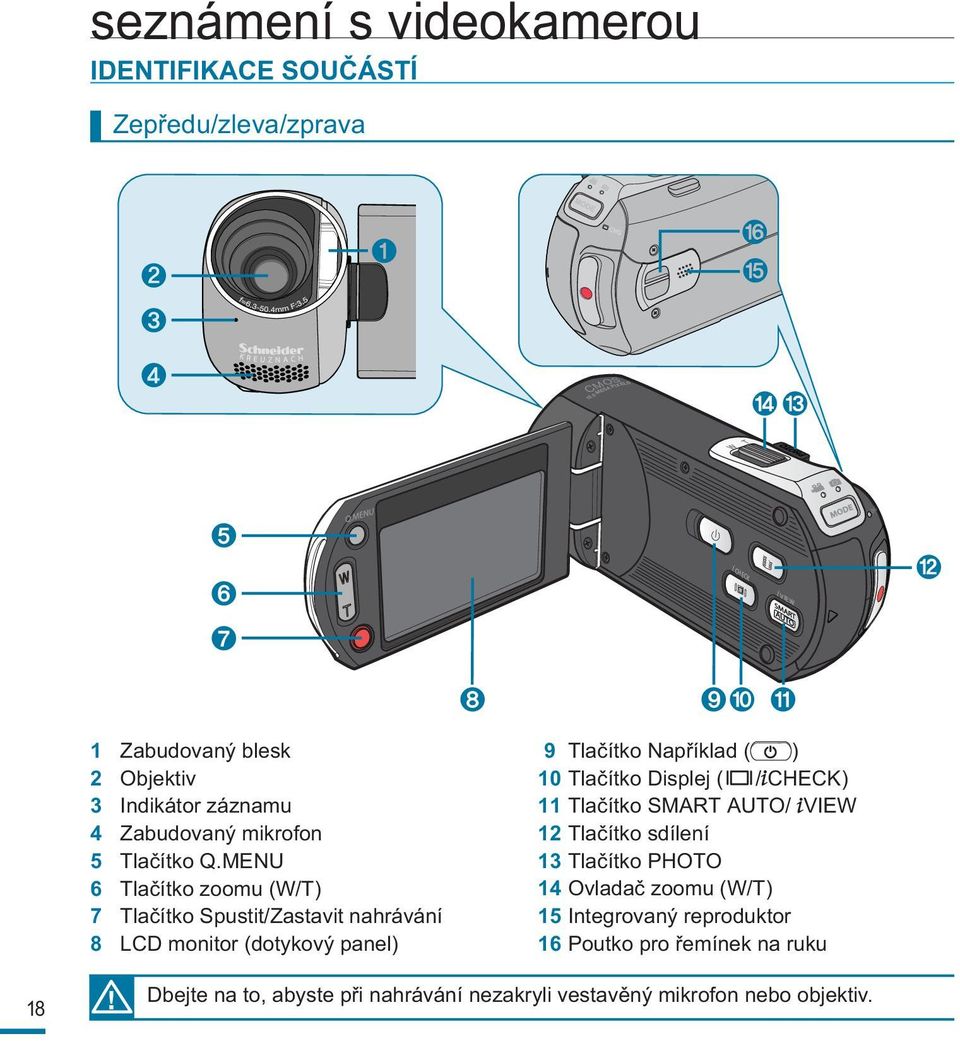 MENU 6 Tlačítko zoomu (W/T) 7 Tlačítko Spustit/Zastavit nahrávání 8 LCD monitor (dotykový panel) 9 Tlačítko Například ( ) 10 Tlačítko Displej