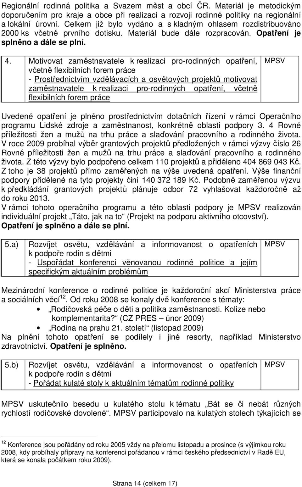 Motivovat zaměstnavatele k realizaci pro-rodinných opatření, včetně flexibilních forem práce - Prostřednictvím vzdělávacích a osvětových projektů motivovat zaměstnavatele k realizaci pro-rodinných