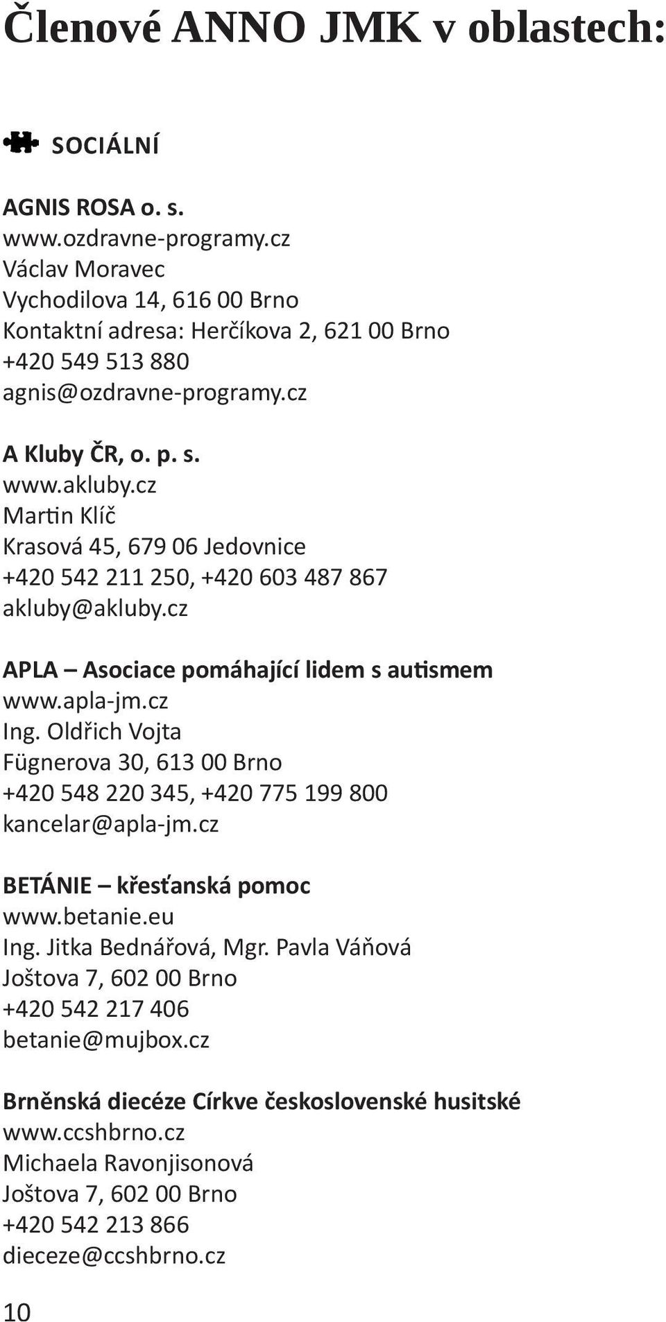 cz Mar n Klíč Krasová 45, 679 06 Jedovnice +420 542 211 250, +420 603 487 867 akluby@akluby.cz APLA Asociace pomáhající lidem s au smem www.apla-jm.cz Ing.