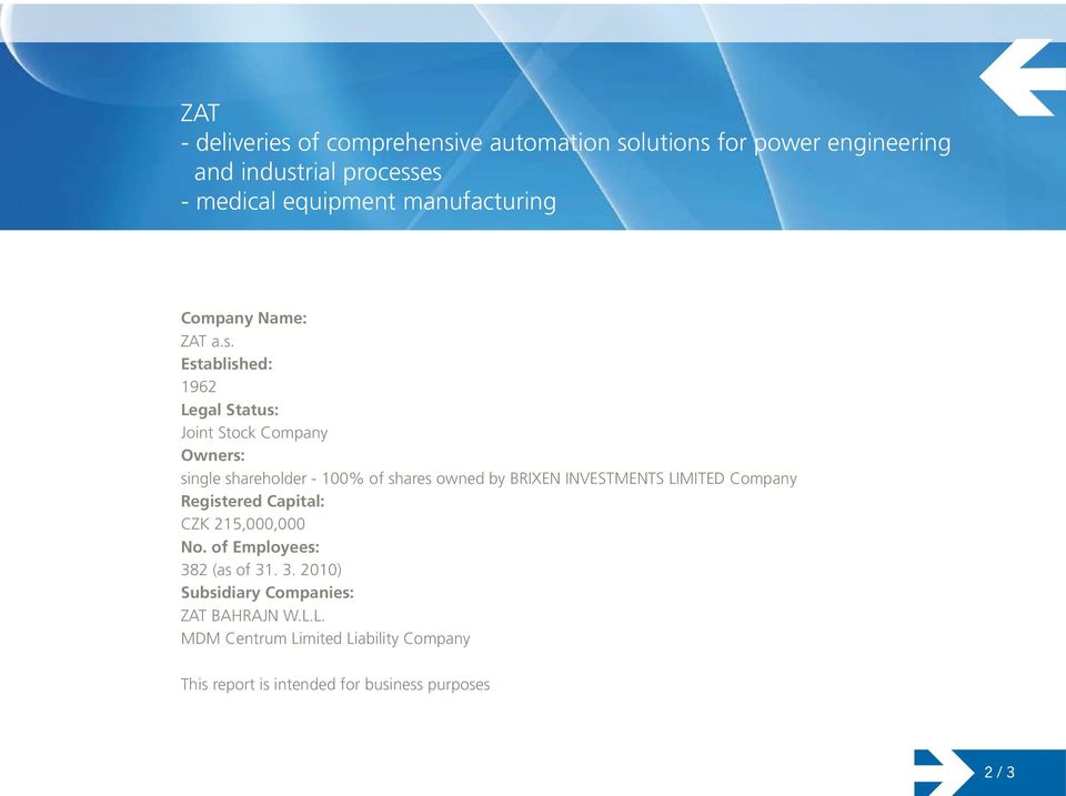 Established: 1962 Legal Status: Joint Stock Company Owners: single shareholder - 100% of shares owned by BRIXEN INVESTMENTS