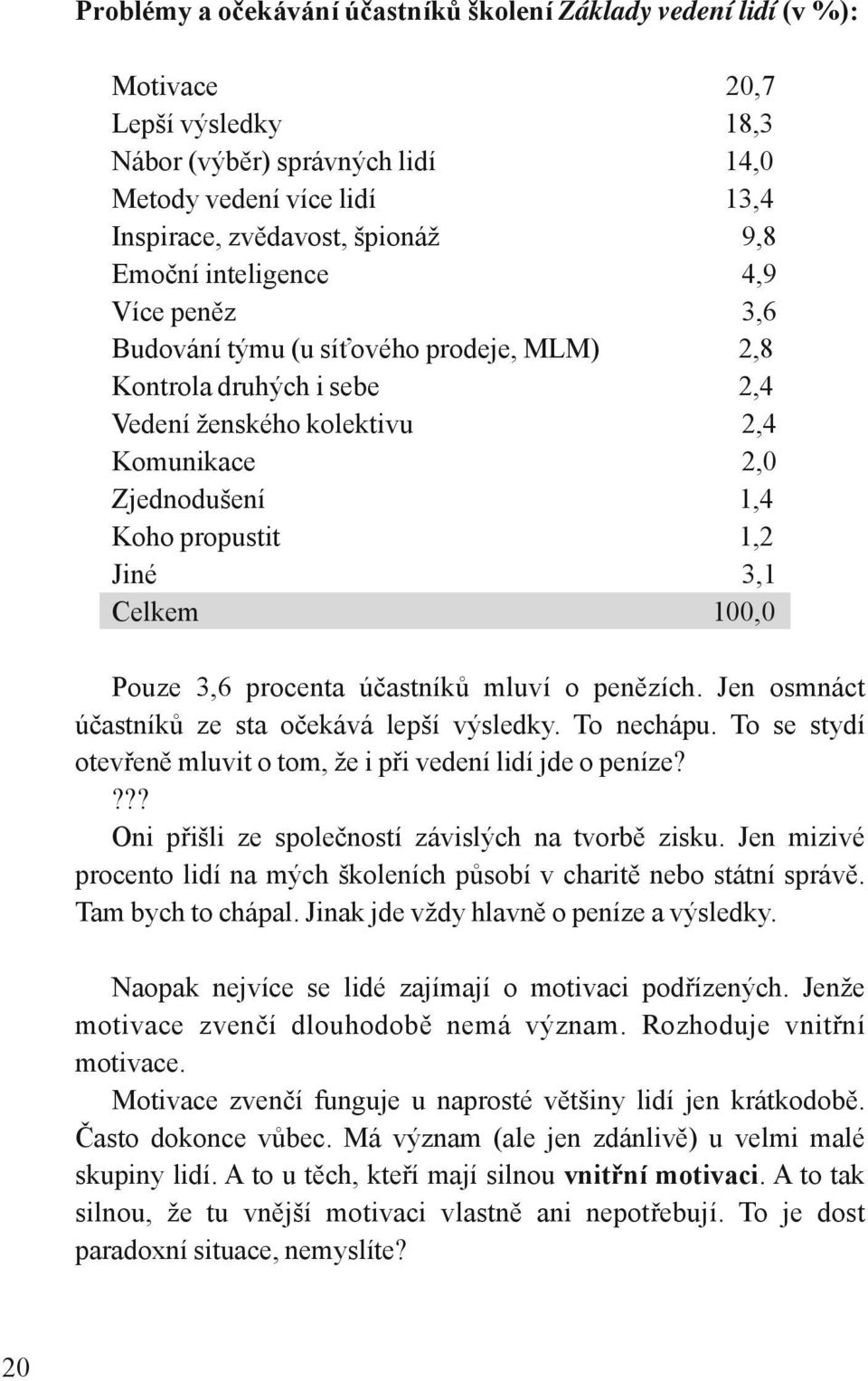 Celkem 100,0 Pouze 3,6 procenta účastníků mluví o penězích. Jen osmnáct účastníků ze sta očekává lepší výsledky. To nechápu. To se stydí otevřeně mluvit o tom, že i při vedení lidí jde o peníze?