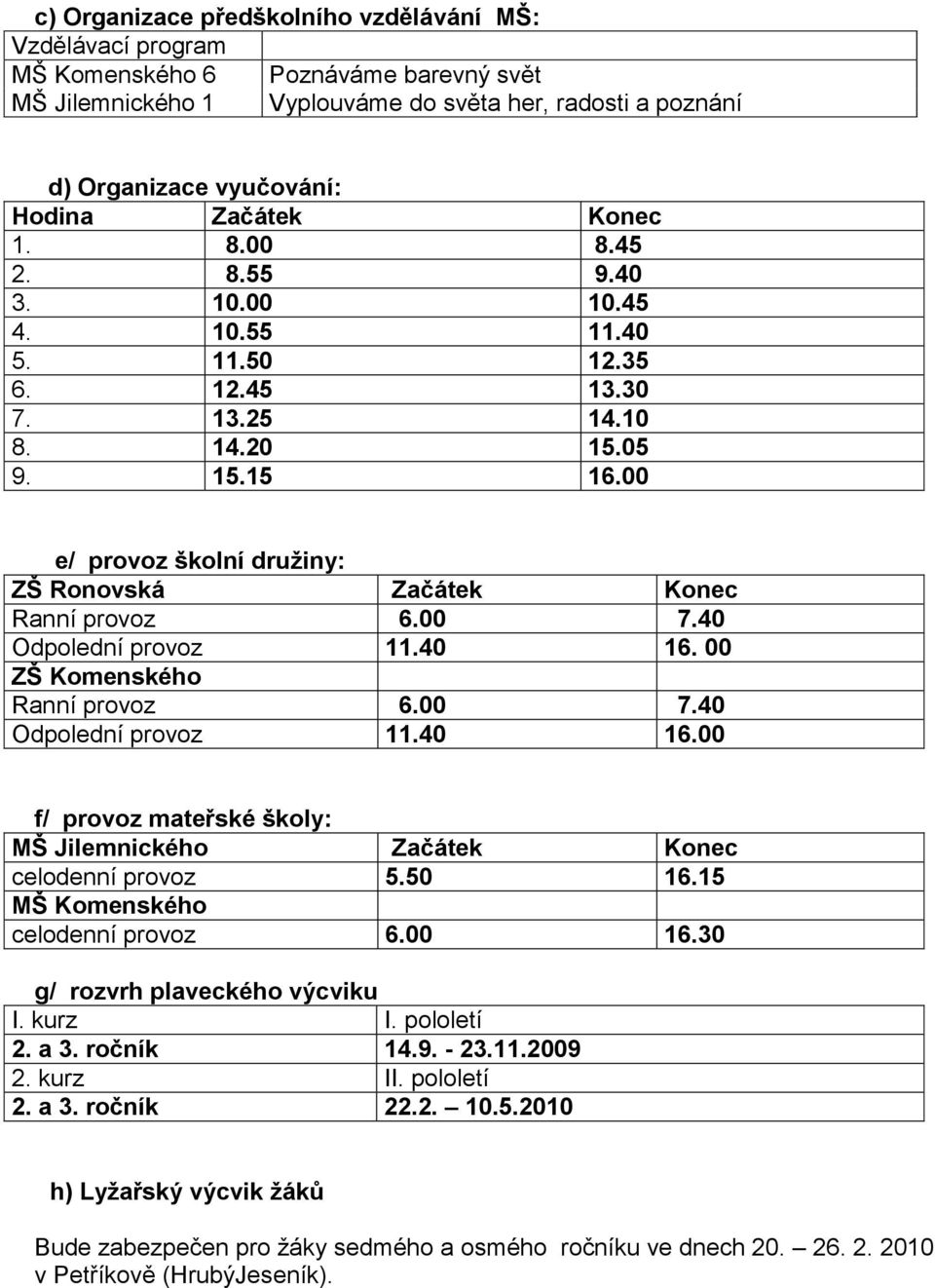 00 e/ provoz školní družiny: ZŠ Ronovská Začátek Konec Ranní provoz 6.00 7.40 Odpolední provoz 11.40 16. 00 ZŠ Komenského Ranní provoz 6.00 7.40 Odpolední provoz 11.40 16.00 f/ provoz mateřské školy: MŠ Jilemnického Začátek Konec celodenní provoz 5.