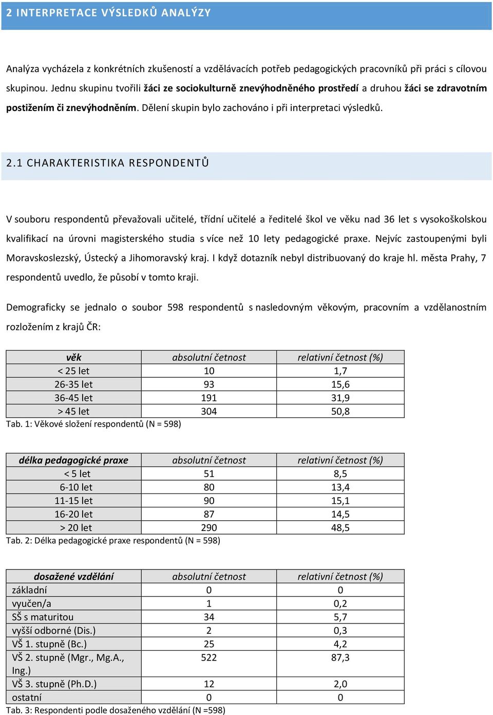 1 CHARAKTERISTIKA RESPONDENTŮ V souboru respondentů převažovali učitelé, třídní učitelé a ředitelé škol ve věku nad 36 let s vysokoškolskou kvalifikací na úrovni magisterského studia s více než 10