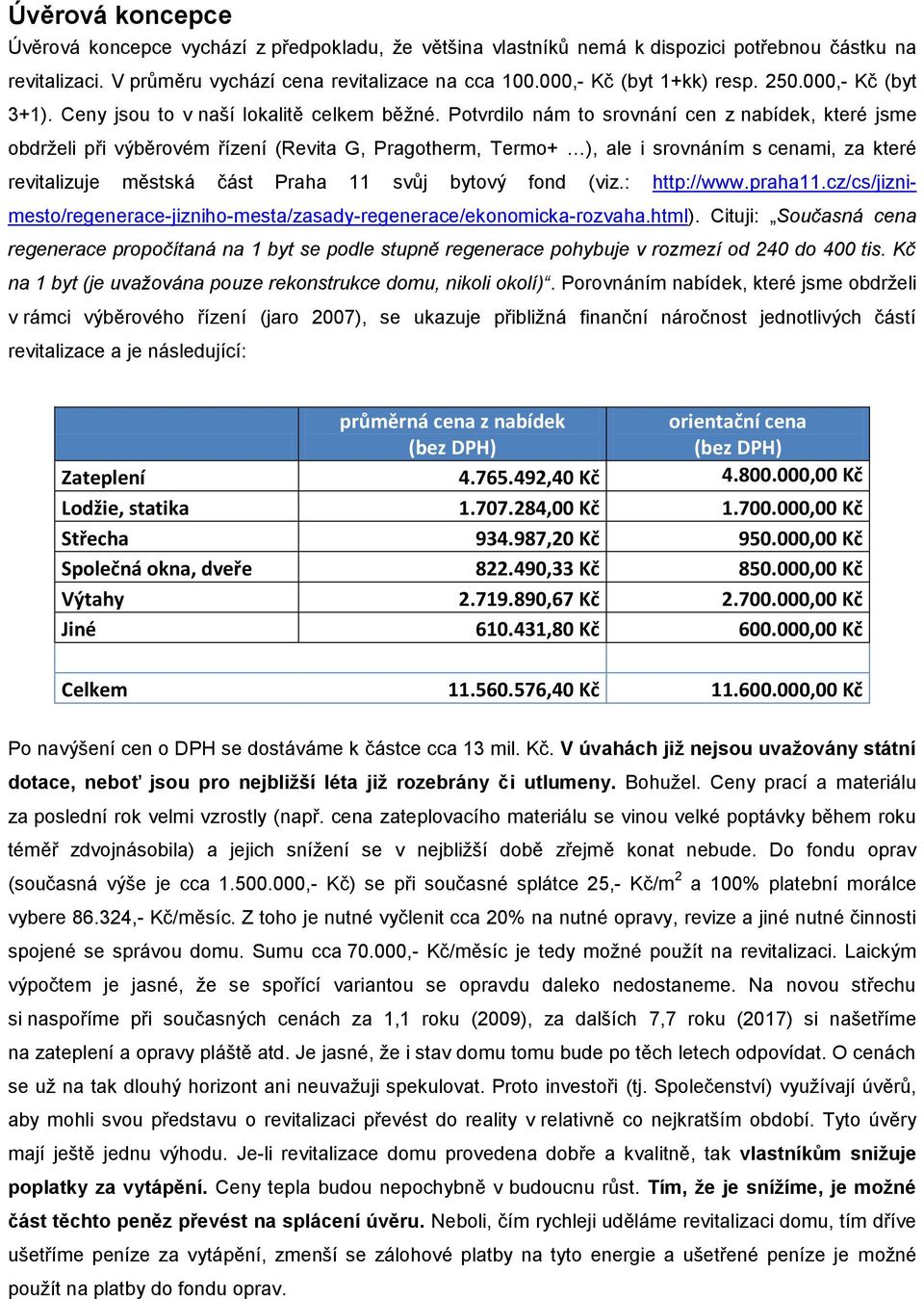 Potvrdilo nám to srovnání cen z nabídek, které jsme obdrţeli při výběrovém řízení (Revita G, Pragotherm, Termo+ ), ale i srovnáním s cenami, za které revitalizuje městská část Praha 11 svůj bytový