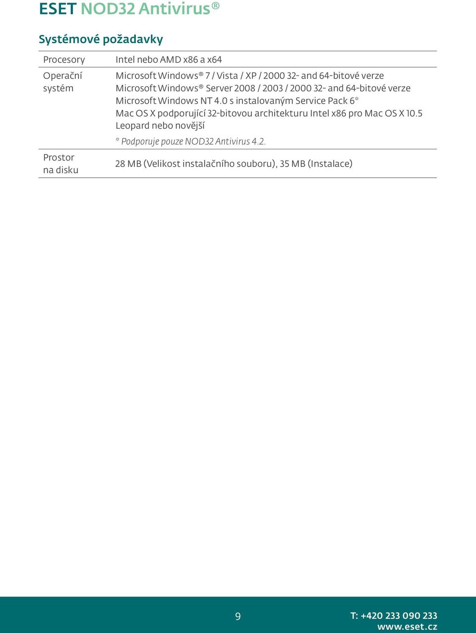 Windows NT 4.0 s instalovaným Service Pack 6* Mac OS X podporující 32-bitovou architekturu Intel x86 pro Mac OS X 10.