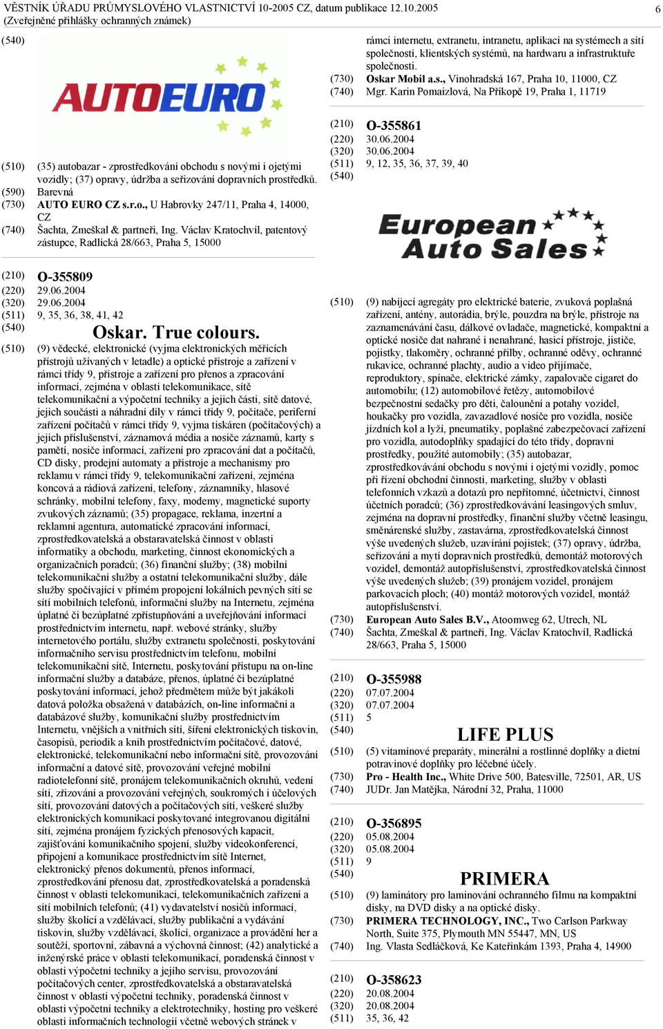 Václav Kratochvíl, patentový zástupce, Radlická 28/663, Praha 5, 15000 O-355861 30.06.2004 30.06.2004 9, 12, 35, 36, 37, 39, 40 O-355809 29.06.2004 29.06.2004 9, 35, 36, 38, 41, 42 Oskar.