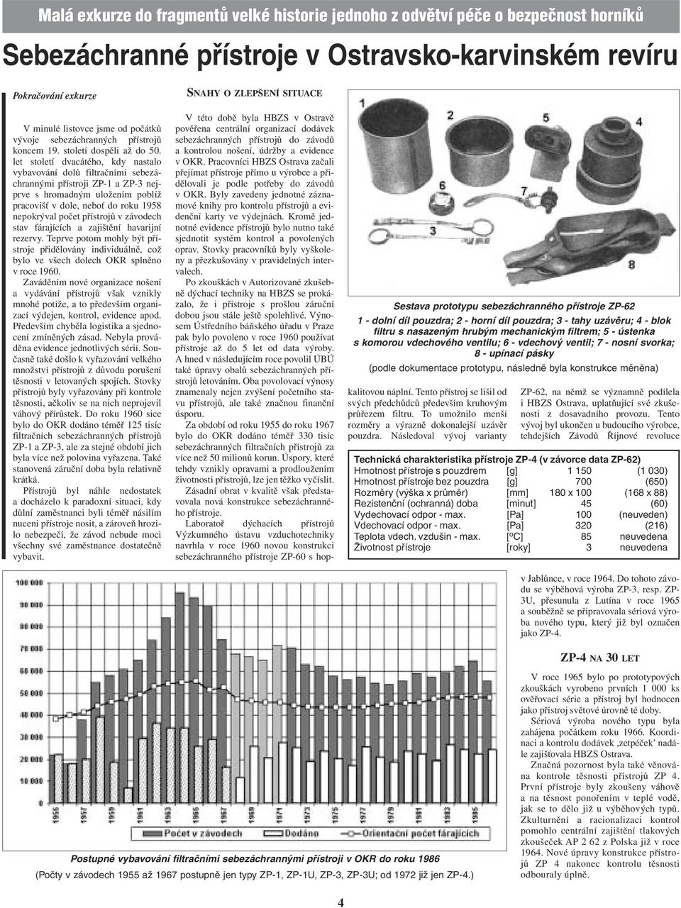 let století dvacátého, kdy nastalo vybavování dolů filtračními sebezáchrannými přístroji ZP-1 a ZP-3 nejprve s hromadným uložením poblíž pracovišť v dole, neboť do roku 1958 nepokrýval počet
