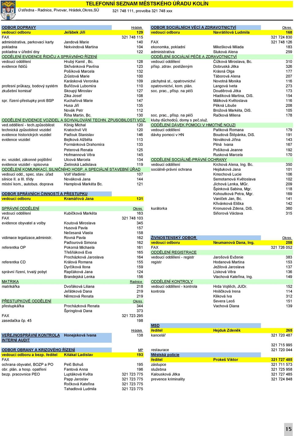 pokladní Mikešková Milada 183 pokladna v ú ední dny 122 administrativa Sluková Alena 259 ODD LENÍ EVIDENCE IDI U A SPRÁVNÍHO ÍZENÍ ODD LENÍ SOCIÁLNÍ PÉ E A ZDRAVOTNICTVÍ vedoucí odd lení Hrubý Kamil,