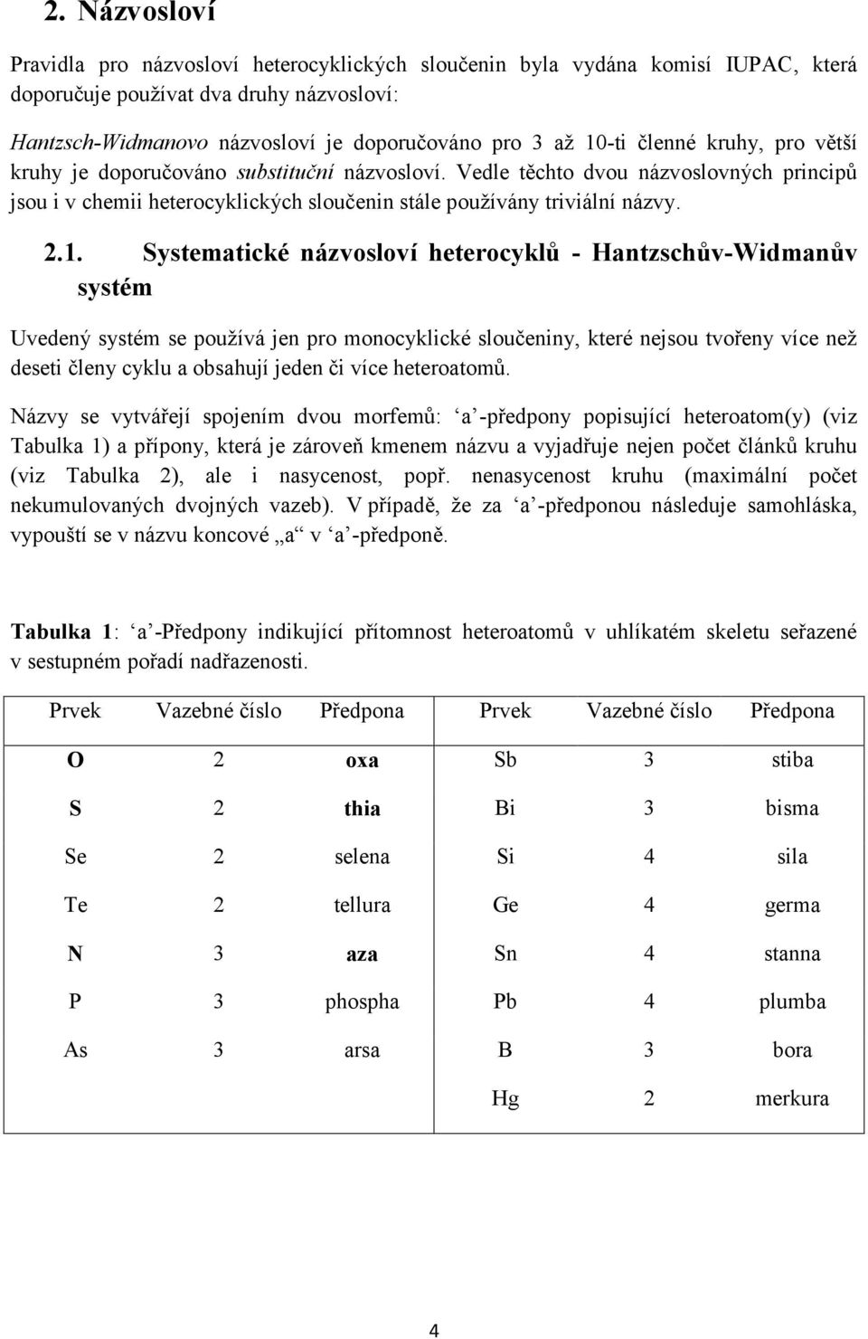 .. ystematické názvosloví heterocyklů - antzschův-widmanův systém Uvedený systém se používá jen pro monocyklické sloučeniny, které nejsou tvořeny více než deseti členy cyklu a obsahují jeden či více