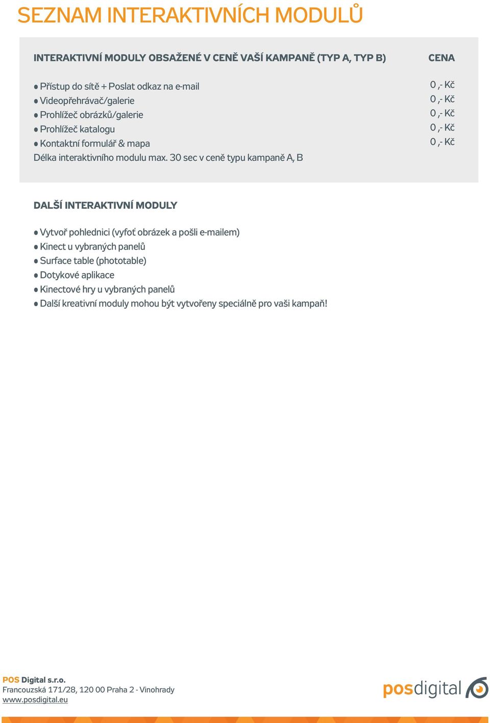 30 sec v ceně typu kampaně A, B Další interaktivní moduly Vytvoř pohlednici (vyfoť obrázek a pošli e-mailem) Kinect u vybraných panelů