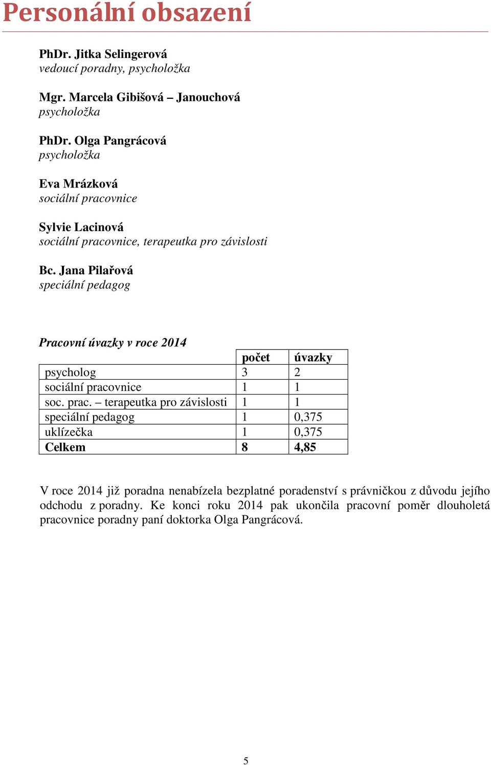 Jana Pilařová speciální pedagog Pracovní úvazky v roce 2014 počet úvazky psycholog 3 2 sociální praco