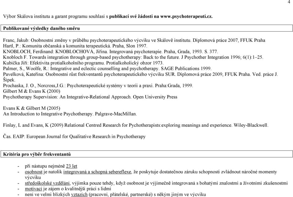 : Komunita občanská a komunita terapeutická. Praha, Slon 1997. KNOBLOCH, Ferdinand: KNOBLOCHOVÁ, Jiřina. Integrovaná psychoterapie. Praha, Grada, 1993. S. 377. Knobloch F.