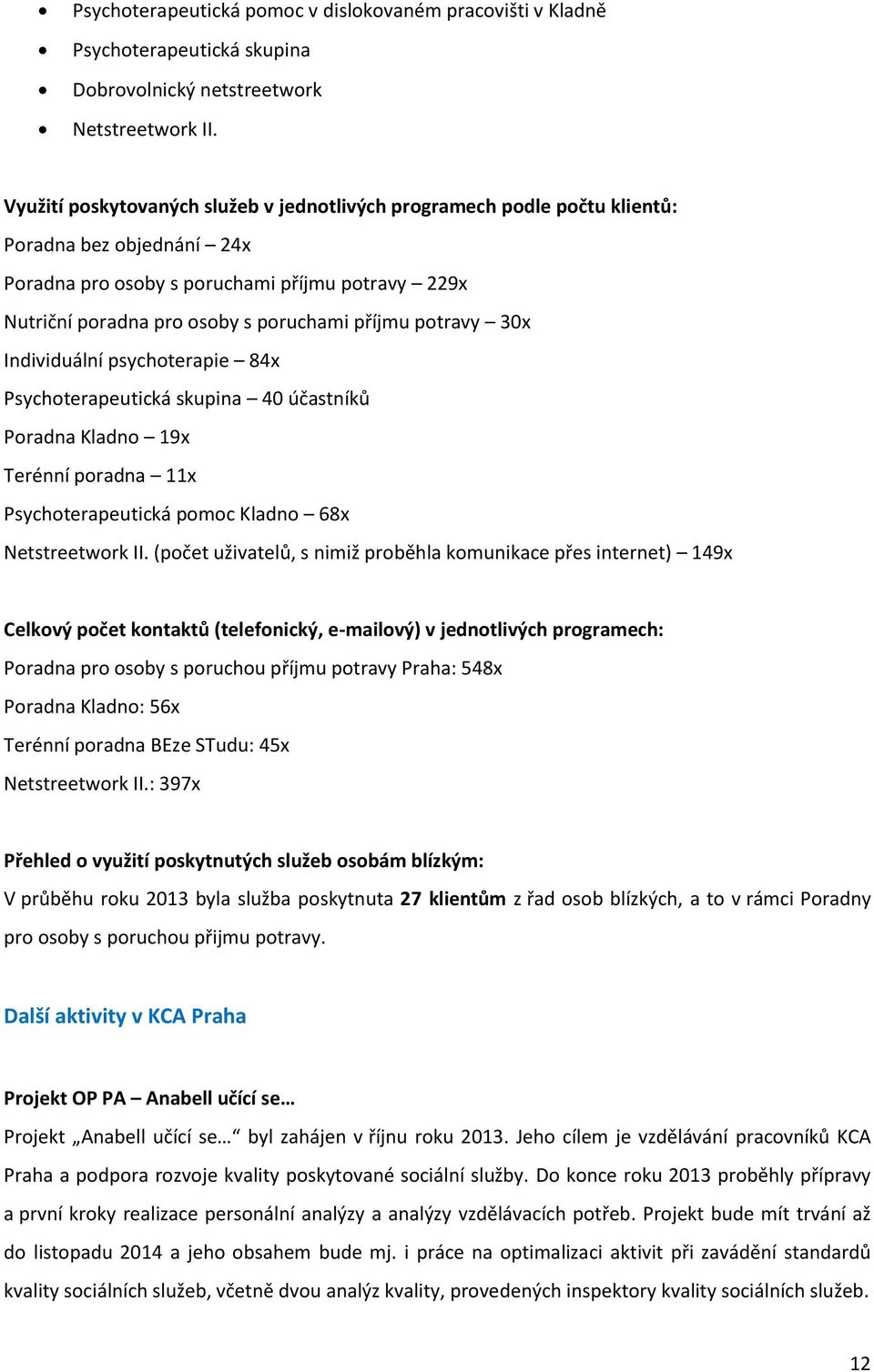 potravy 30x Individuální psychoterapie 84x Psychoterapeutická skupina 40 účastníků Poradna Kladno 19x Terénní poradna 11x Psychoterapeutická pomoc Kladno 68x Netstreetwork II.