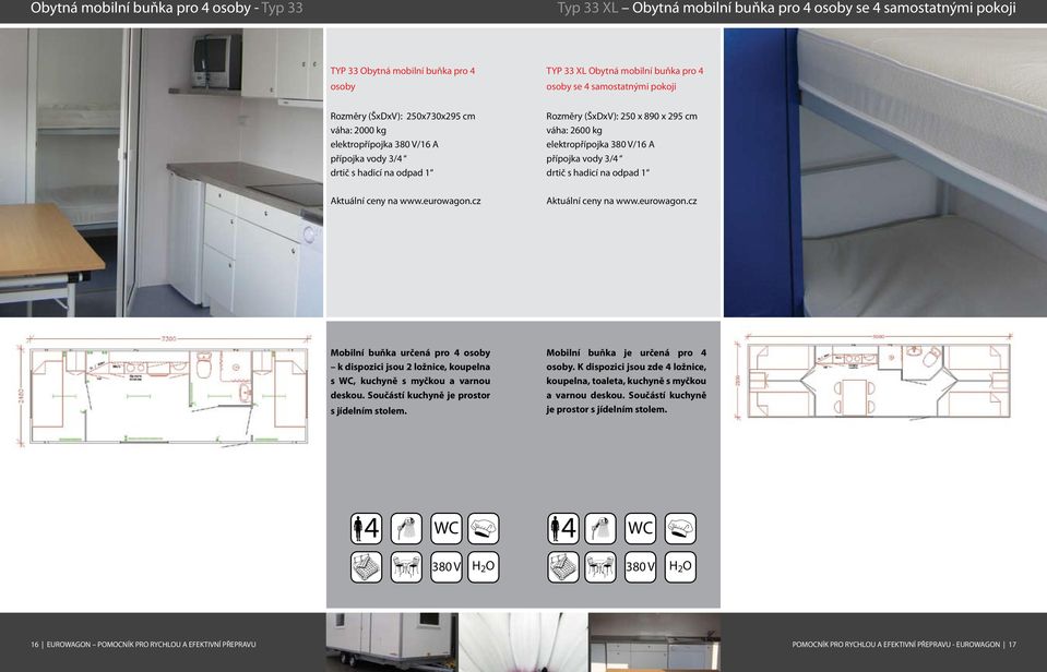 WC, kuchyně s myčkou a varnou deskou. Součástí kuchyně je prostor s jídelním stolem. Mobilní buňka je určená pro 4 osoby.