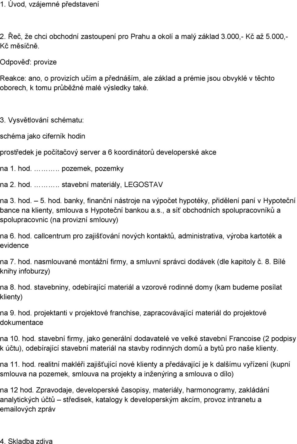 Vysvětlování schématu: schéma jako ciferník hodin prostředek je počítačový server a 6 koordinátorů developerské akce na 1. hod... pozemek, pozemky na 2. hod... stavební materiály, LEGOSTAV na 3. hod. 5.