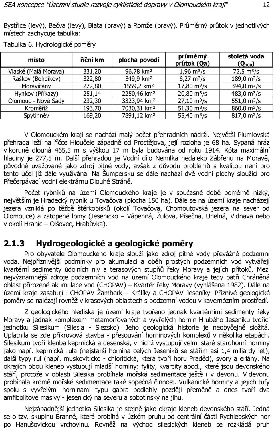 Hydrologické poměry místo říční km plocha povodí průměrný stoletá voda průtok (Qa) (Q 100 ) Vlaské (Malá Morava) 331,20 96,78 km² 1,96 m³/s 72,5 m³/s Raškov (Bohdíkov) 322,80 349,9 km² 6,27 m³/s