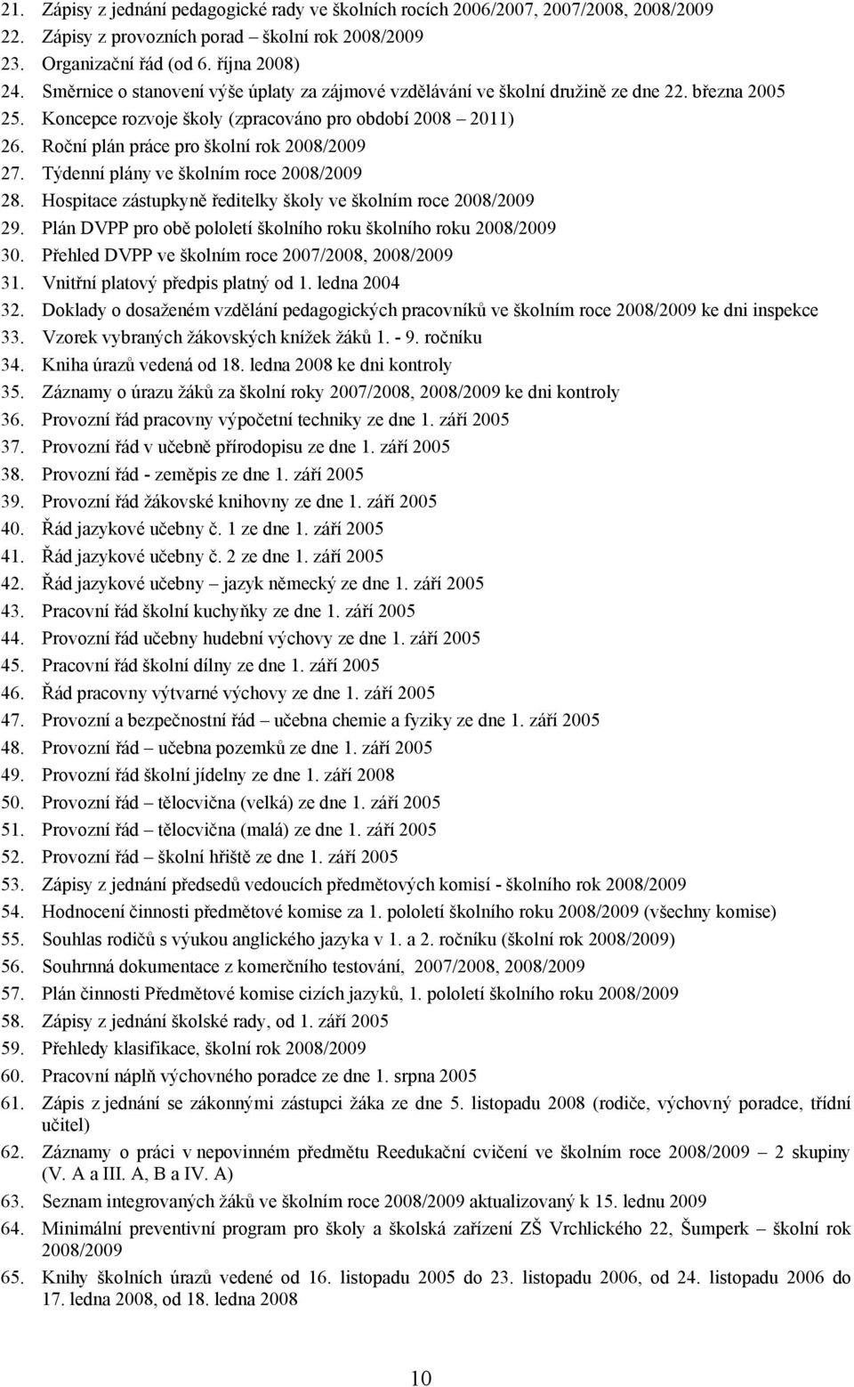 Roční plán práce pro školní rok 2008/2009 27. Týdenní plány ve školním roce 2008/2009 28. Hospitace zástupkyně ředitelky školy ve školním roce 2008/2009 29.