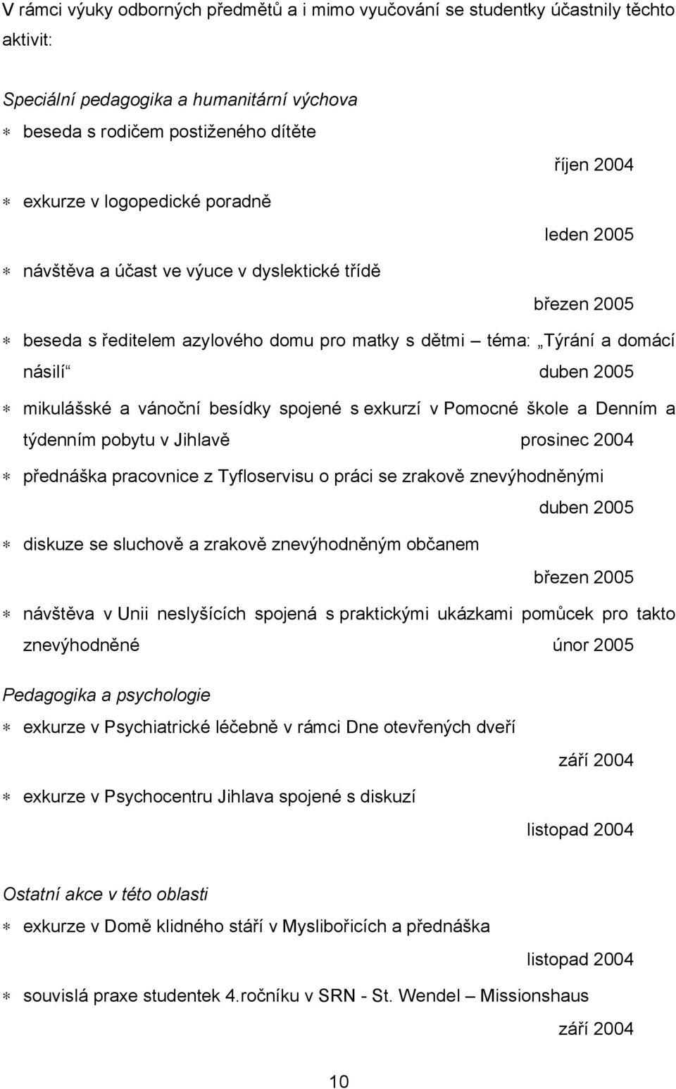 vánoční besídky spojené s exkurzí v Pomocné škole a Denním a týdenním pobytu v Jihlavě prosinec 2004 přednáška pracovnice z Tyfloservisu o práci se zrakově znevýhodněnými duben 2005 diskuze se