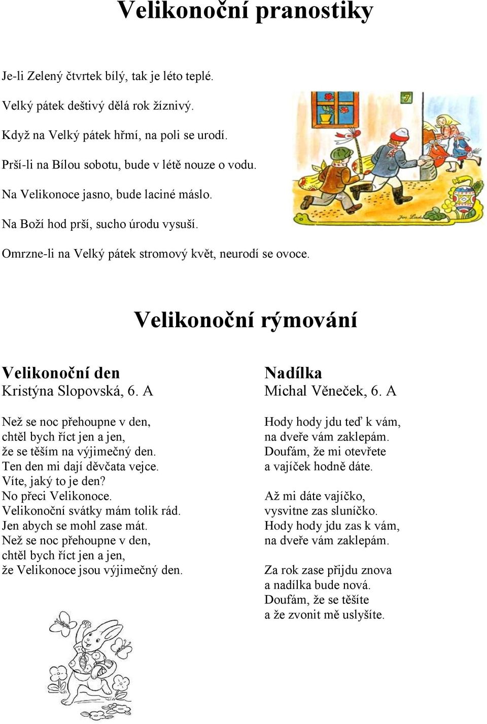 Velikonoční rýmování Velikonoční den Kristýna Slopovská, 6. A Než se noc přehoupne v den, chtěl bych říct jen a jen, že se těším na výjimečný den. Ten den mi dají děvčata vejce. Víte, jaký to je den?