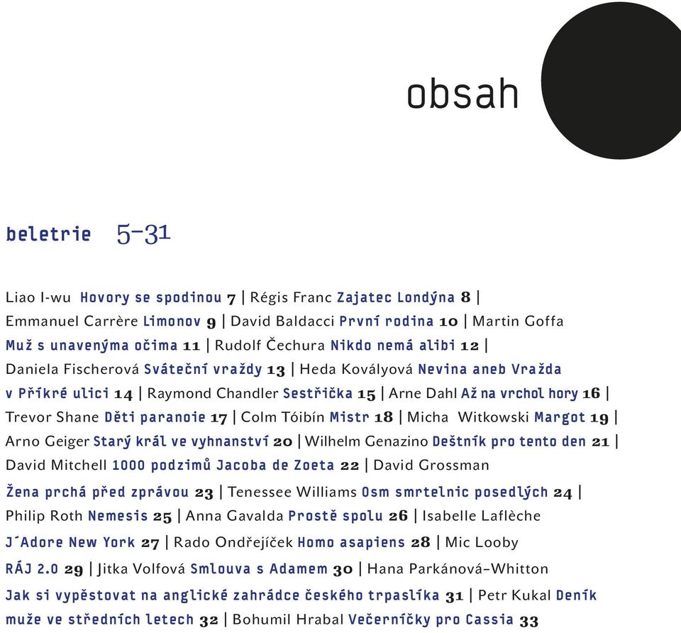 Tóibín Mistr 18 Michał Witkowski Margot 19 Arno Geiger Starý král ve vyhnanství 20 Wilhelm Genazino Deštník pro tento den 21 David Mitchell 1000 podzimů Jacoba de Zoeta 22 David Grossman Žena prchá