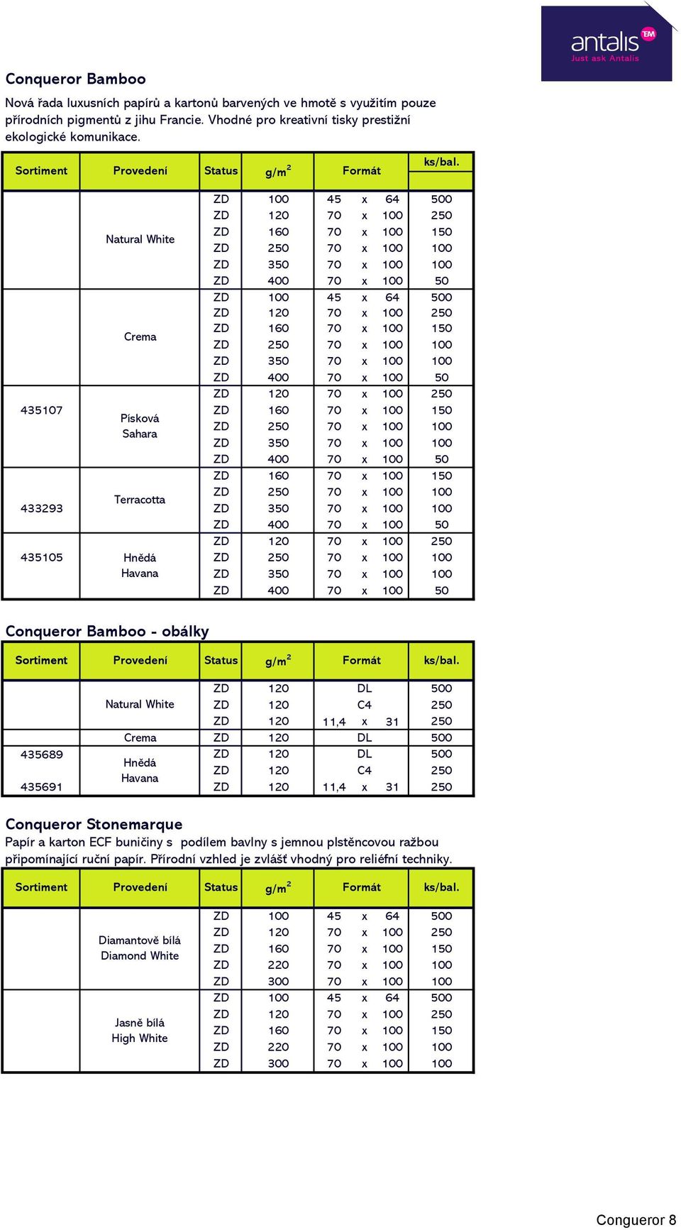 70 x 150 250 70 x 433293 Terracotta 350 70 x 400 70 x 50 435105 Hnědá 250 70 x Havana 350 70 x 400 70 x 50 Conqueror Bamboo - obálky 120 DL 500 Natural White 120 C4 250 120 11,4 x 31 250 Crema 120 DL