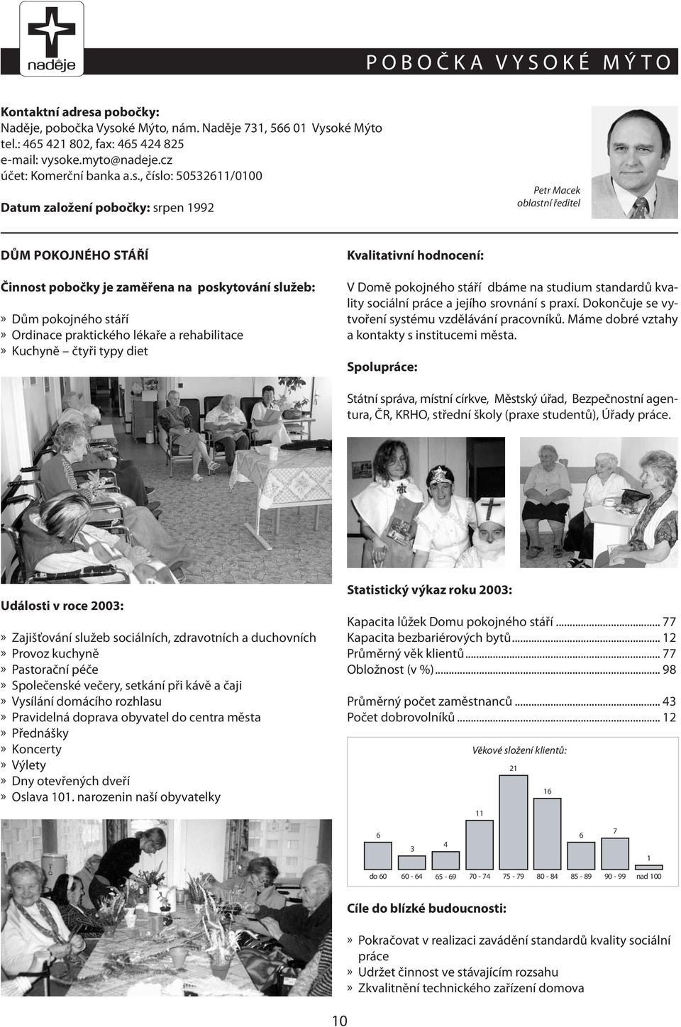 , číslo: 50532611/0100 Datum založení pobočky: srpen 1992 Petr Macek oblastní ředitel DŮM POKOJNÉHO STÁŘÍ Činnost pobočky je zaměřena na poskytování služeb:» Dům pokojného stáří» Ordinace praktického