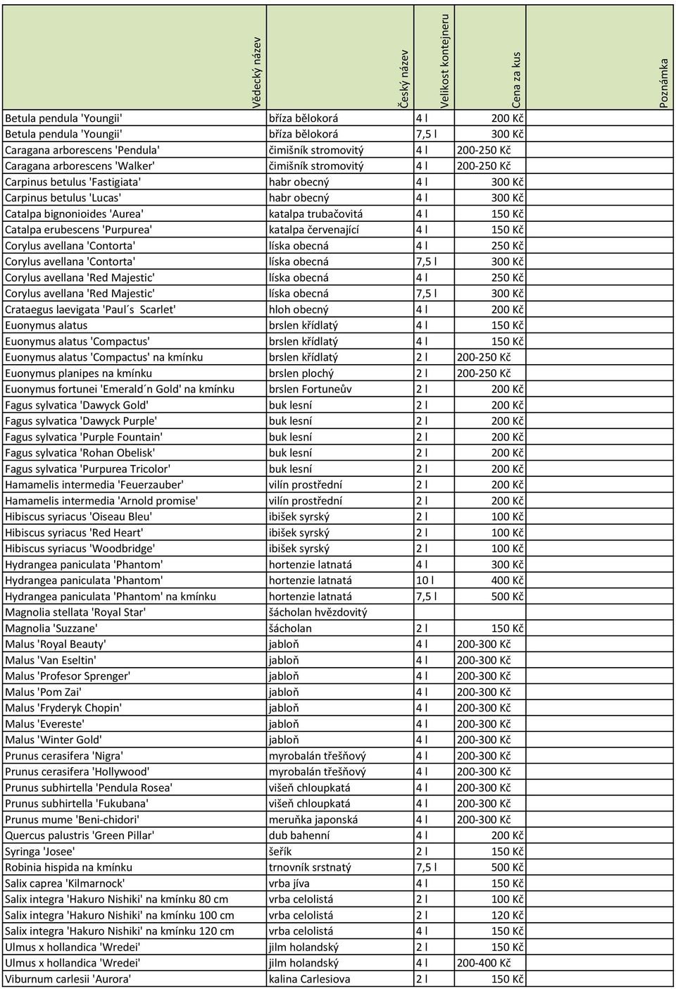 Catalpa erubescens 'Purpurea' katalpa červenající 4 l 150 Kč Corylus avellana 'Contorta' líska obecná 4 l 250 Kč Corylus avellana 'Contorta' líska obecná 7,5 l 300 Kč Corylus avellana 'Red Majestic'