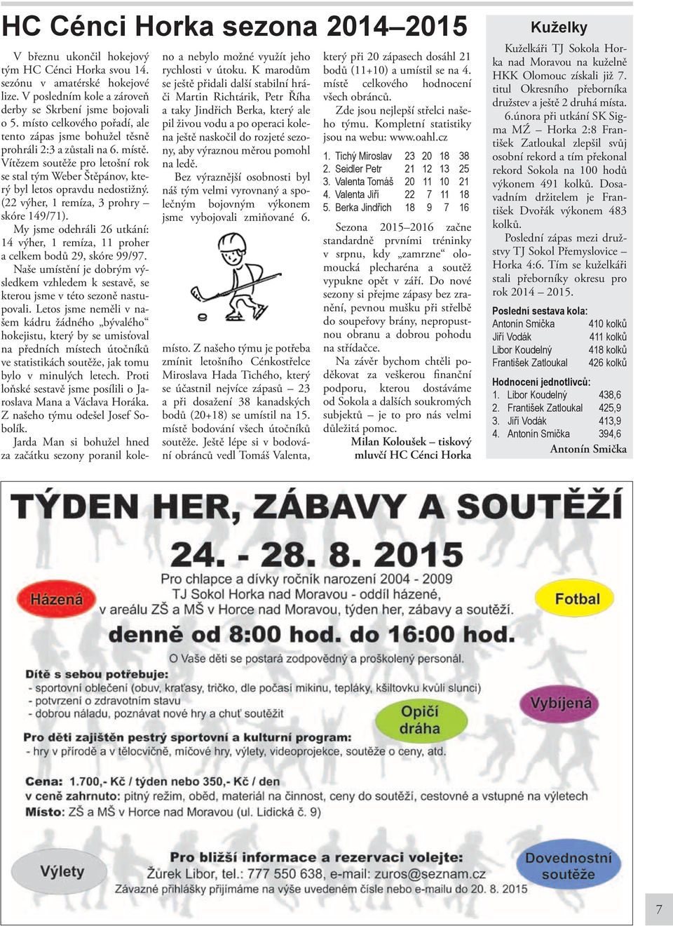 (22 výher, 1 remíza, 3 prohry skóre 149/71). My jsme odehráli 26 utkání: 14 výher, 1 remíza, 11 proher a celkem bodů 29, skóre 99/97.