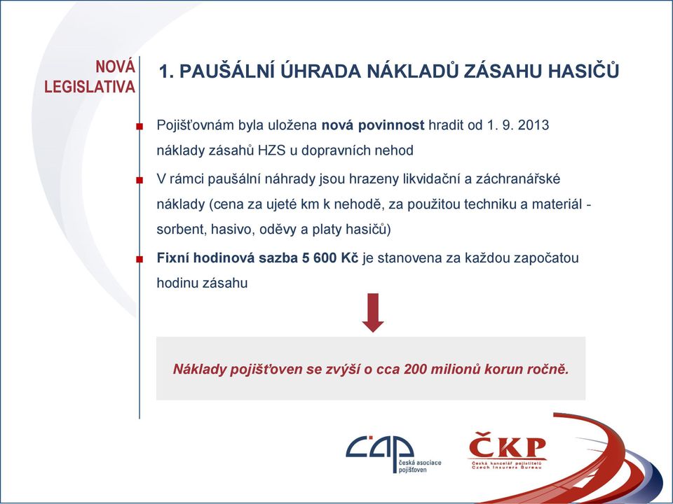 (cena za ujeté km k nehodě, za použitou techniku a materiál - sorbent, hasivo, oděvy a platy hasičů) Fixní hodinová