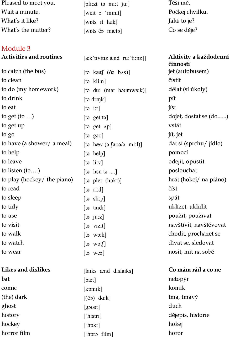 du: (maɪ həʊmwɜ:k)] dělat (si úkoly) to drink [tə drɪŋk] pít to eat [tə i:t] jíst to get (to ) [tə get tə] dojet, dostat se (do.