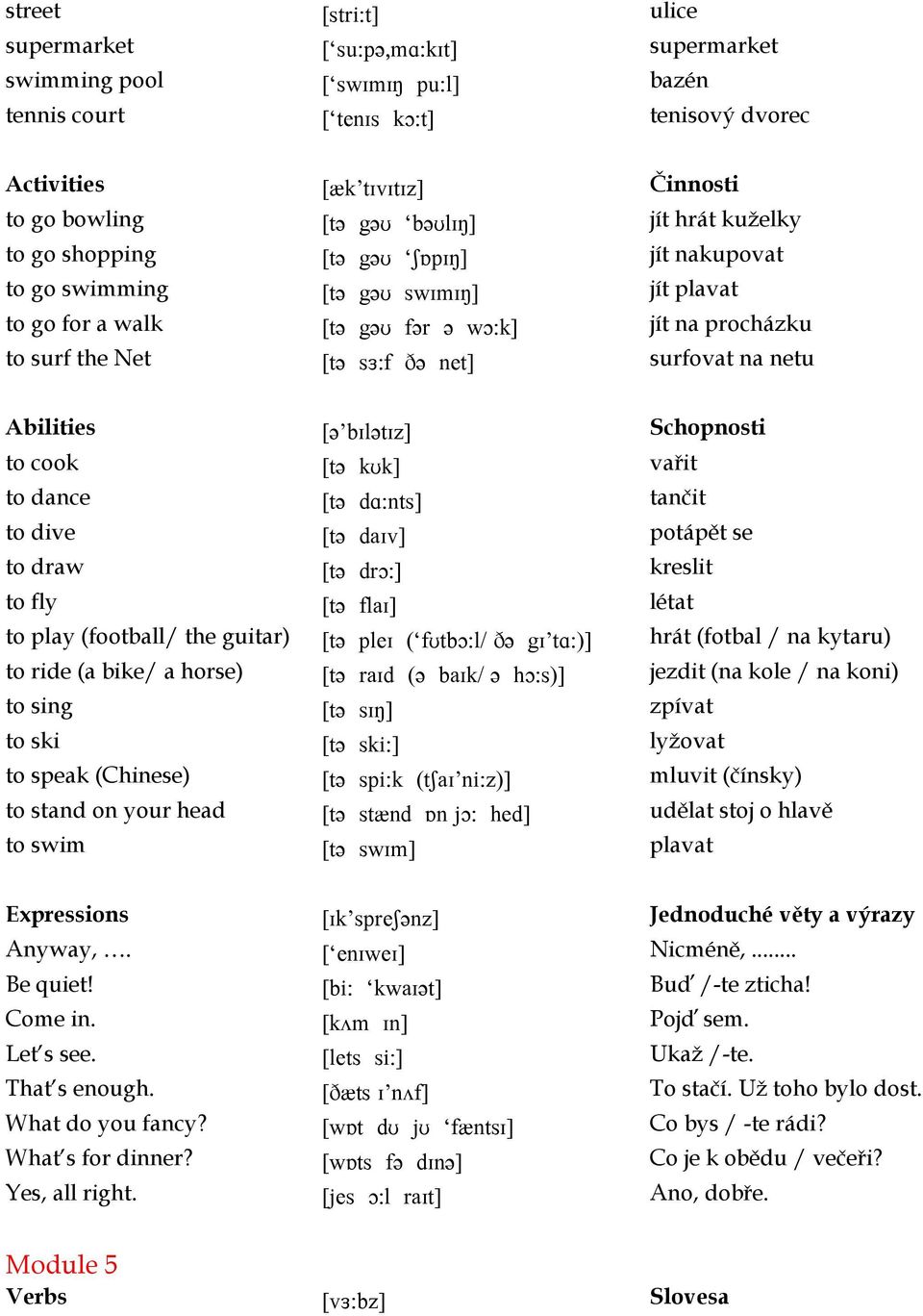 surfovat na netu Abilities [ə bɪlətɪz] Schopnosti to cook [tə kʊk] vařit to dance [tə dɑ:nts] tančit to dive [tə daɪv] potápět se to draw [tə drɔ:] kreslit to fly [tə flaɪ] létat to play (football/