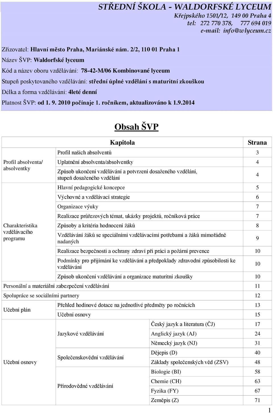 vzdělávání: 4leté denní Platnost ŠVP: od 1. 9.