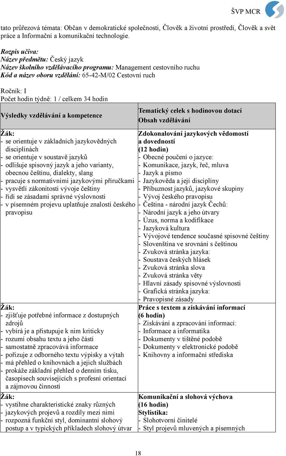 celkem 34 hodin Výsledky vzdělávání a kompetence Tematický celek s hodinovou dotací Obsah vzdělávání - se orientuje v základních jazykovědných disciplínách - se orientuje v soustavě jazyků - odlišuje