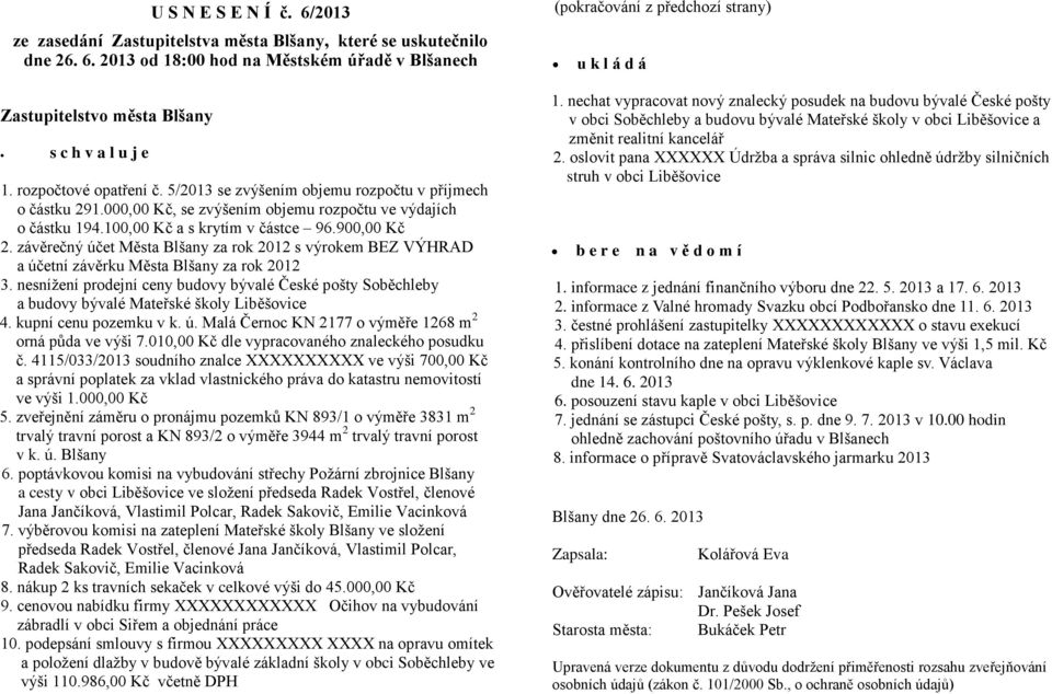 závěrečný účet Města Blšany za rok 2012 s výrokem BEZ VÝHRAD a účetní závěrku Města Blšany za rok 2012 3.