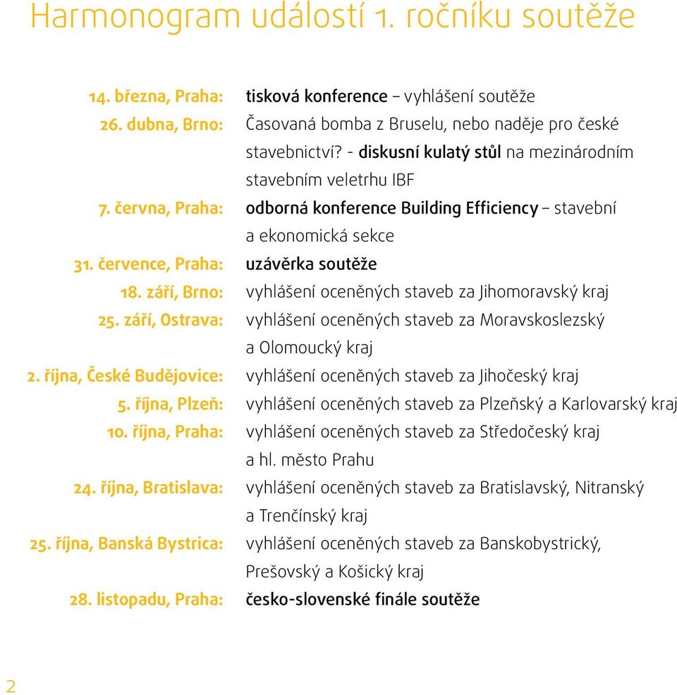 - diskusní kulatý stůl na mezinárodním stavebním veletrhu IBF odborná konference Building Efficiency stavební a ekonomická sekce uzávěrka soutěže vyhlášení oceněných staveb za Jihomoravský kraj