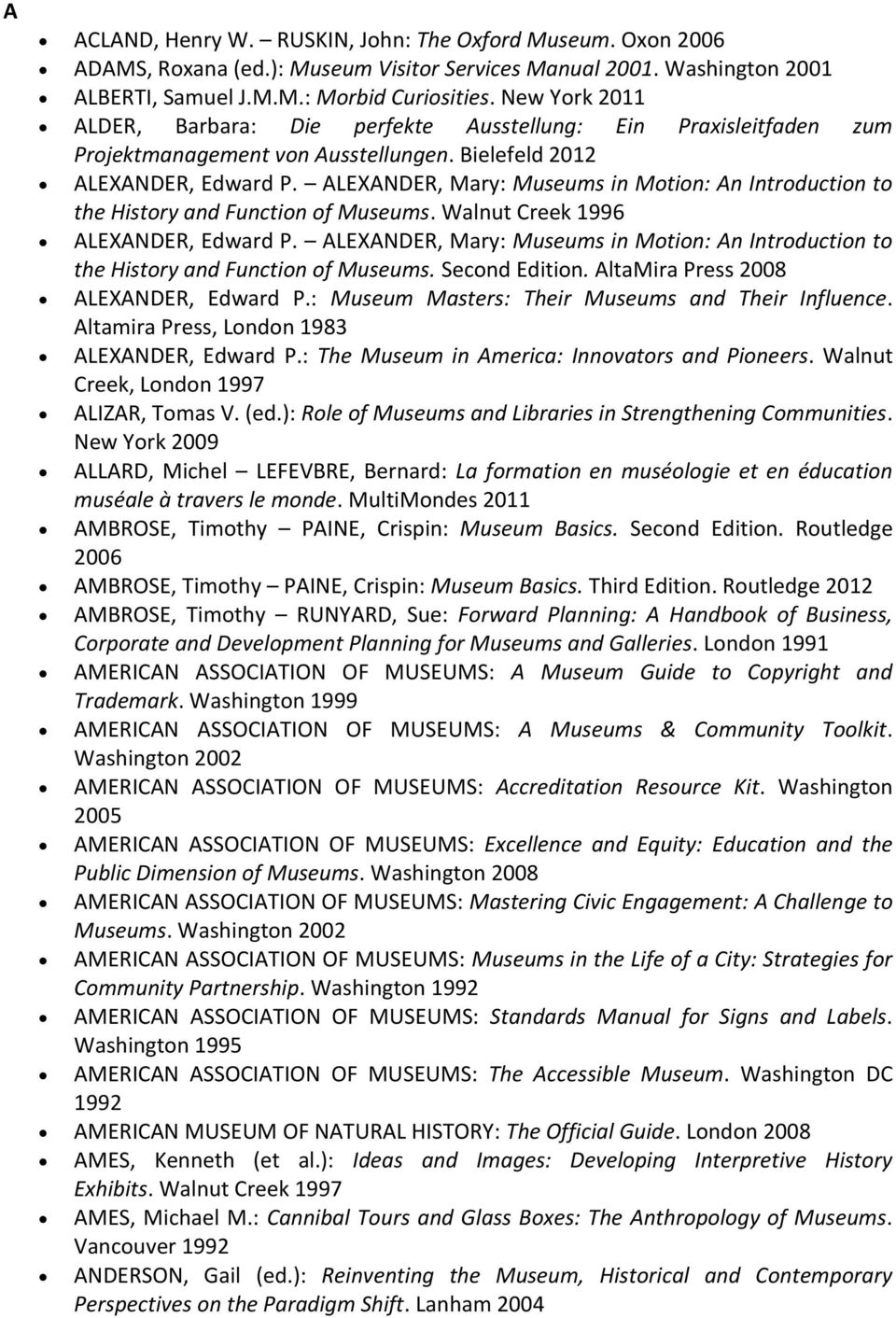 ALEXANDER, Mary: Museums in Motion: An Introduction to the History and Function of Museums. Walnut Creek 1996 ALEXANDER, Edward P.