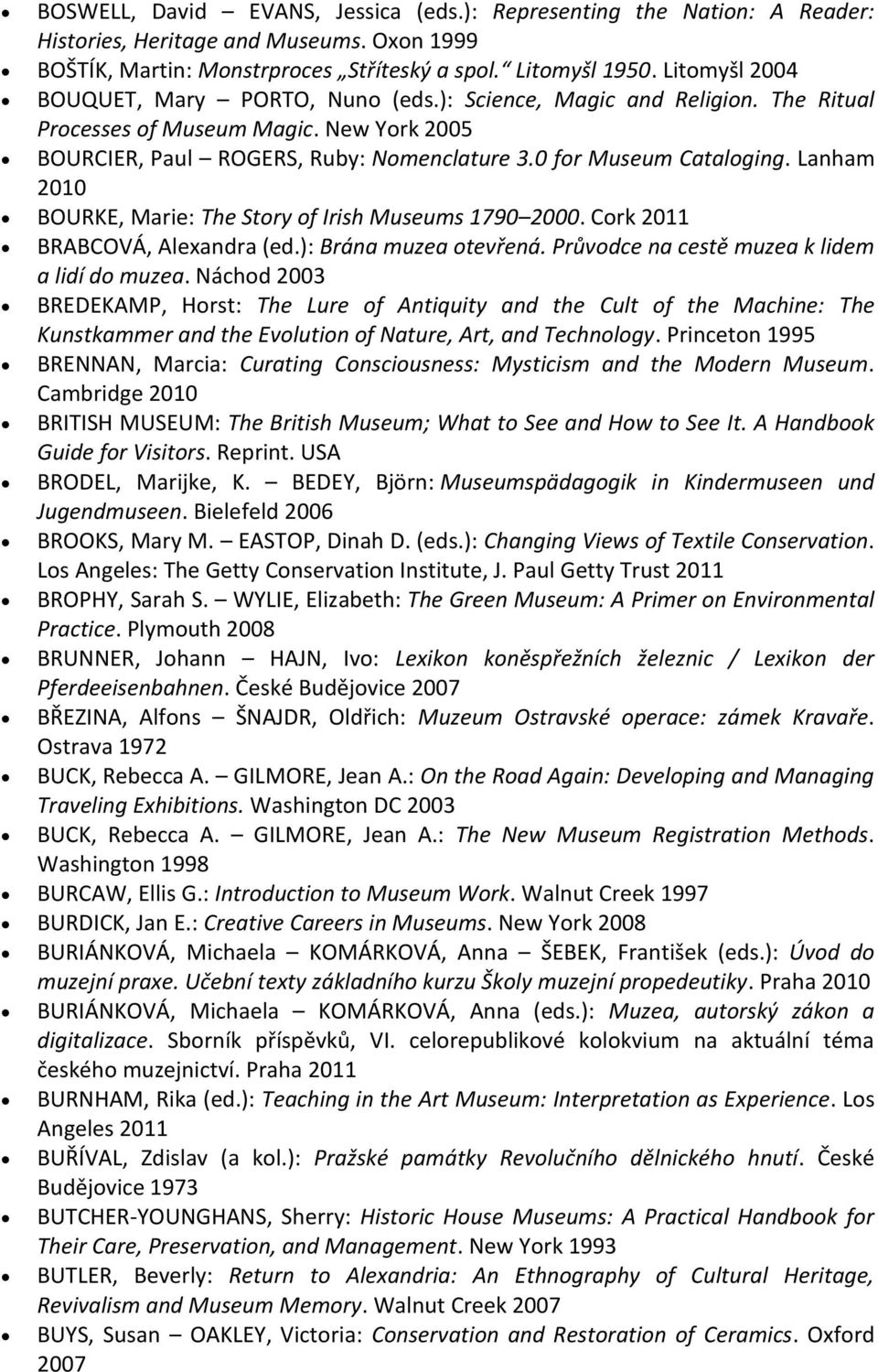 Lanham 2010 BOURKE, Marie: The Story of Irish Museums 1790 2000. Cork 2011 BRABCOVÁ, Alexandra (ed.): Brána muzea otevřená. Průvodce na cestě muzea k lidem a lidí do muzea.