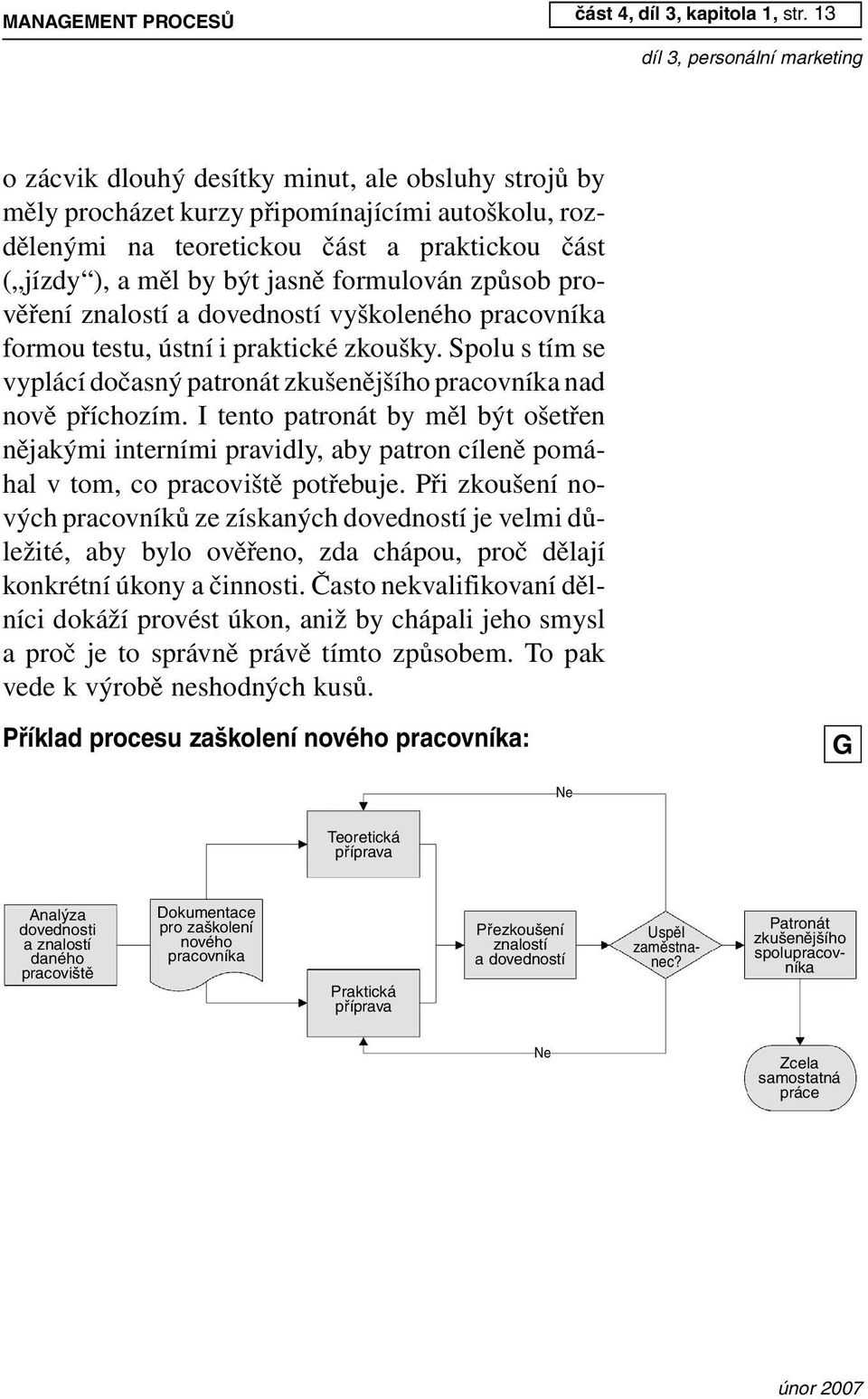 způsob prověření znalostí a dovedností vyškoleného pracovníka formou testu, ústní i praktické zkoušky. Spolu s tím se vyplácí dočasný patronát zkušenějšího pracovníka nad nově příchozím.