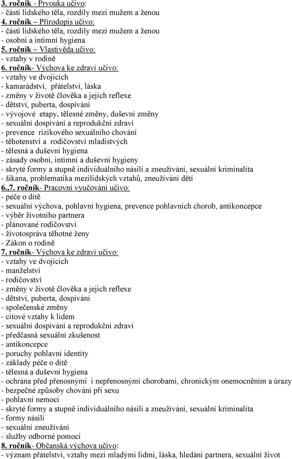 ročník- Výchova ke zdraví učivo: - vztahy ve dvojicích - kamarádství, přátelství, láska - změny v ţivotě člověka a jejich reflexe - dětství, puberta, dospívání - vývojové etapy, tělesné změny,